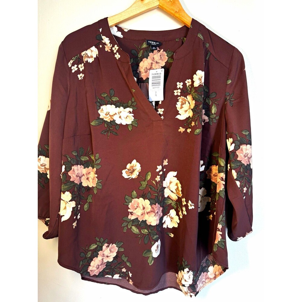 Torrid Brown Floral V-Neck Roll Tab 3/4 Sleeve Woven Blouse Top Size 0